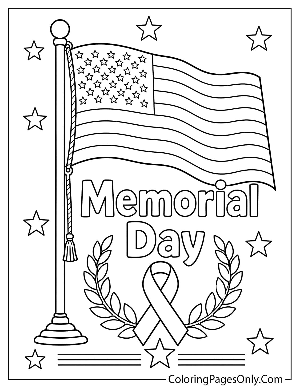 Memorial Day American flag coloring page with patriotic stars and ribbon from American Flag