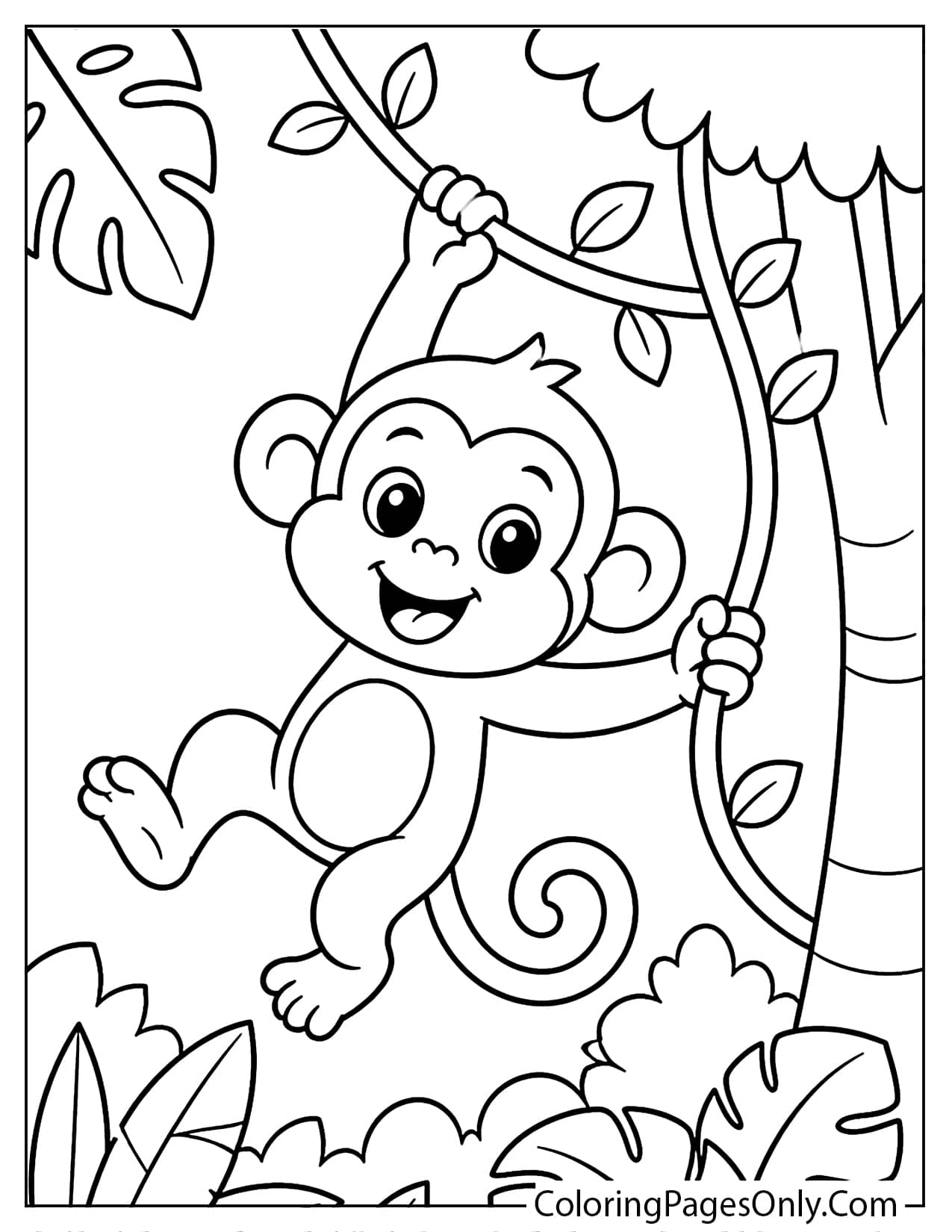 Monkey Swinging On Vines In The Jungle Coloring Page from Jungle