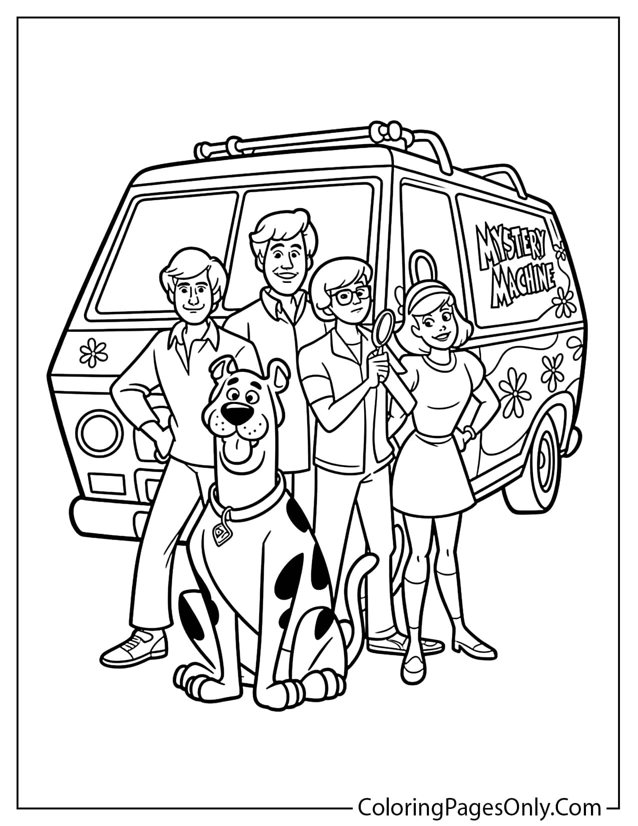 Mystery Inc. team standing beside the Mystery Machine van coloring page from Scooby Doo
