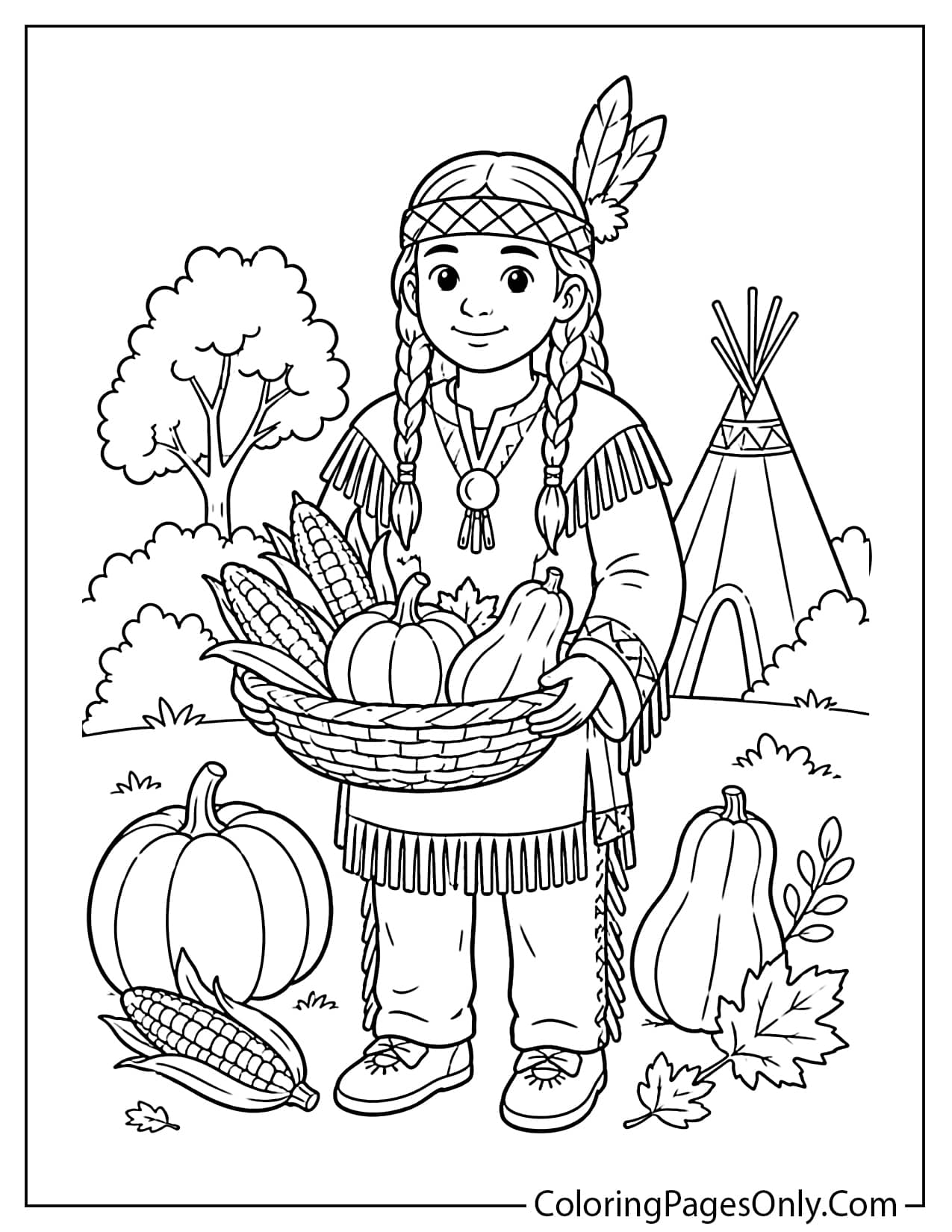 Native American figure in traditional clothing with harvest items Thanksgiving coloring page from Thanksgiving