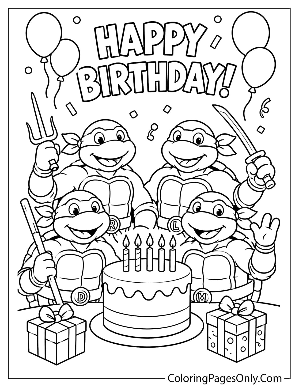 Ninja Turtles birthday coloring page with cake, balloons, gifts, and the turtle heroes from Ninja Turtles