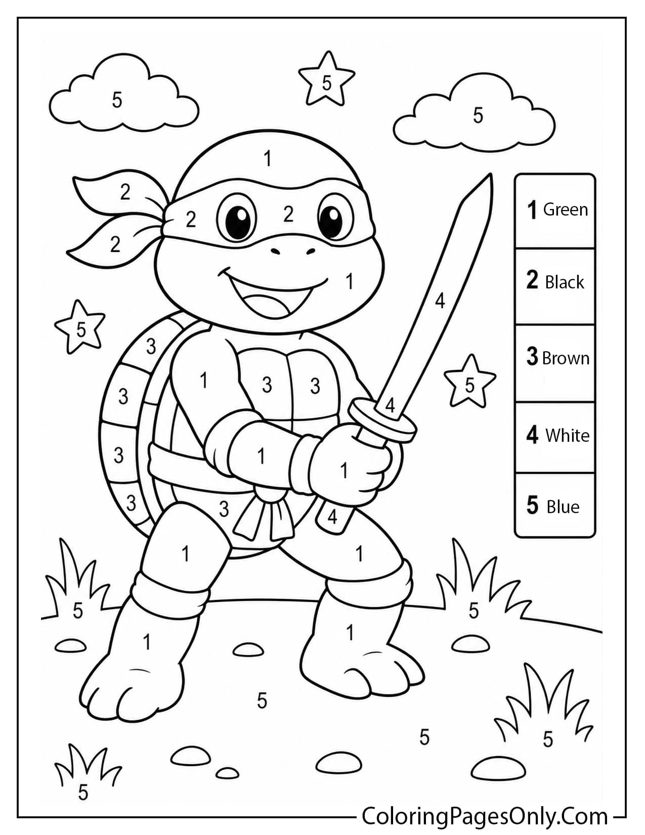 Ninja Turtles color by number coloring page with numbered areas for kids to color from Ninja Turtles
