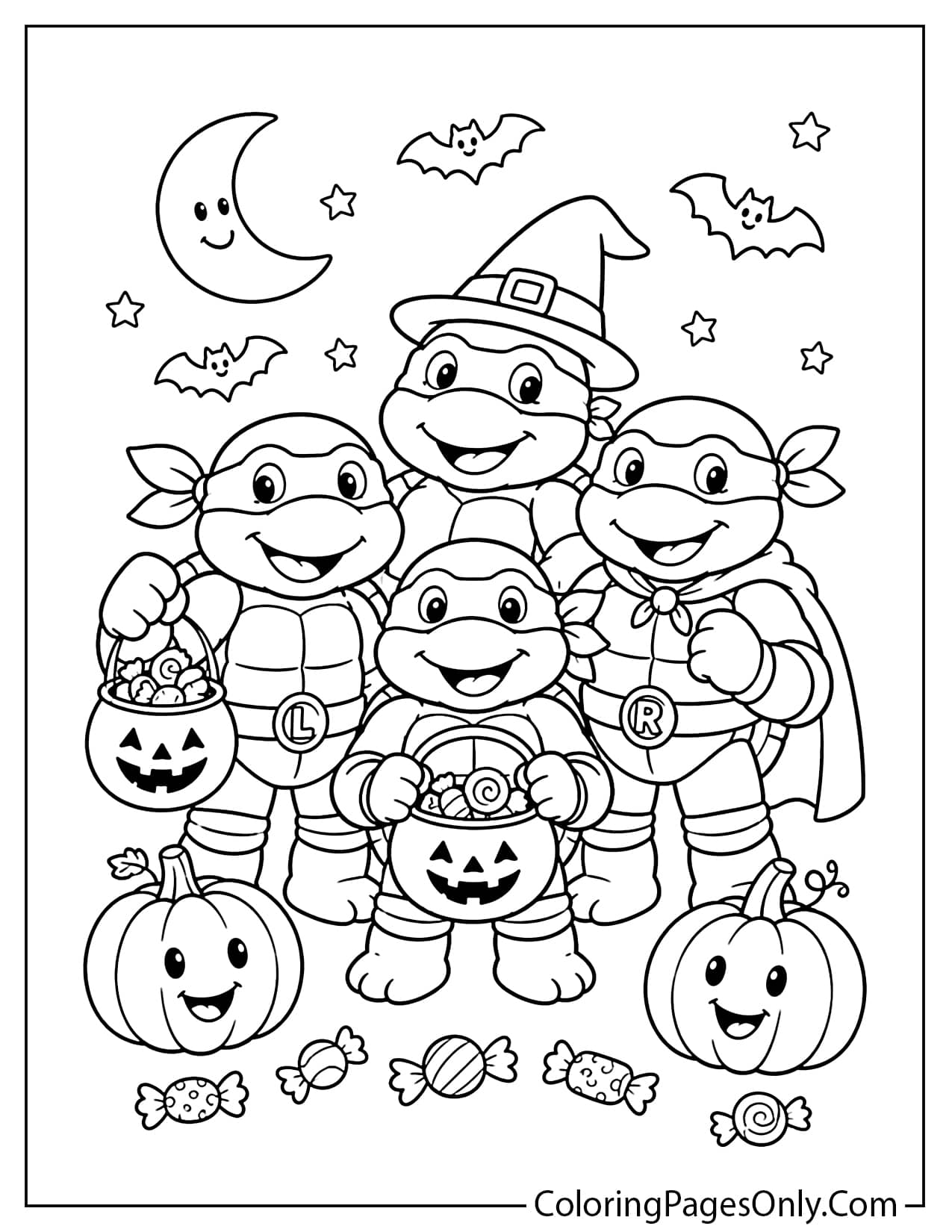 Ninja Turtles Halloween coloring page with pumpkins, candy, costumes, and a friendly spooky scene from Ninja Turtles