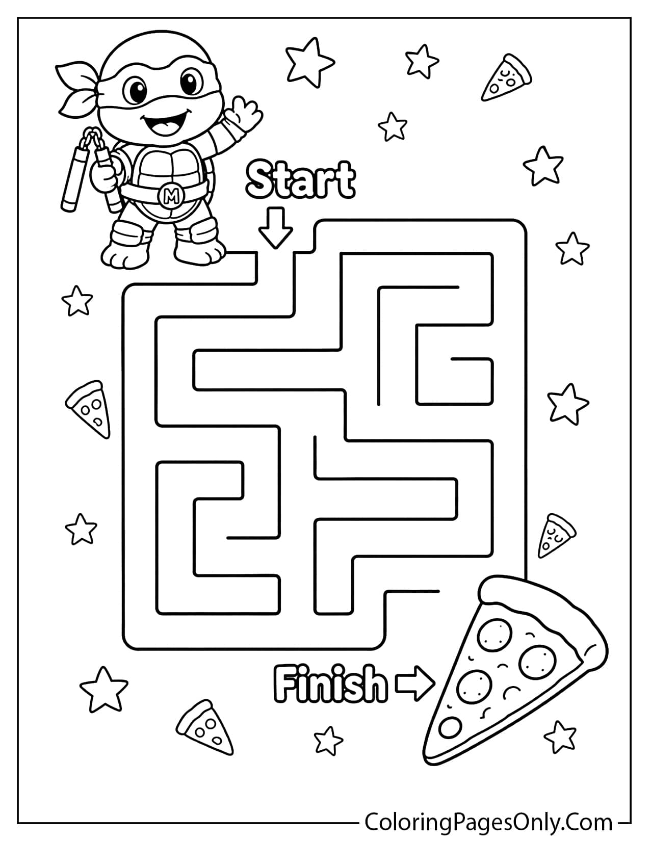 Ninja Turtles maze coloring page with Michelangelo finding his way to a slice of pizza from Ninja Turtles