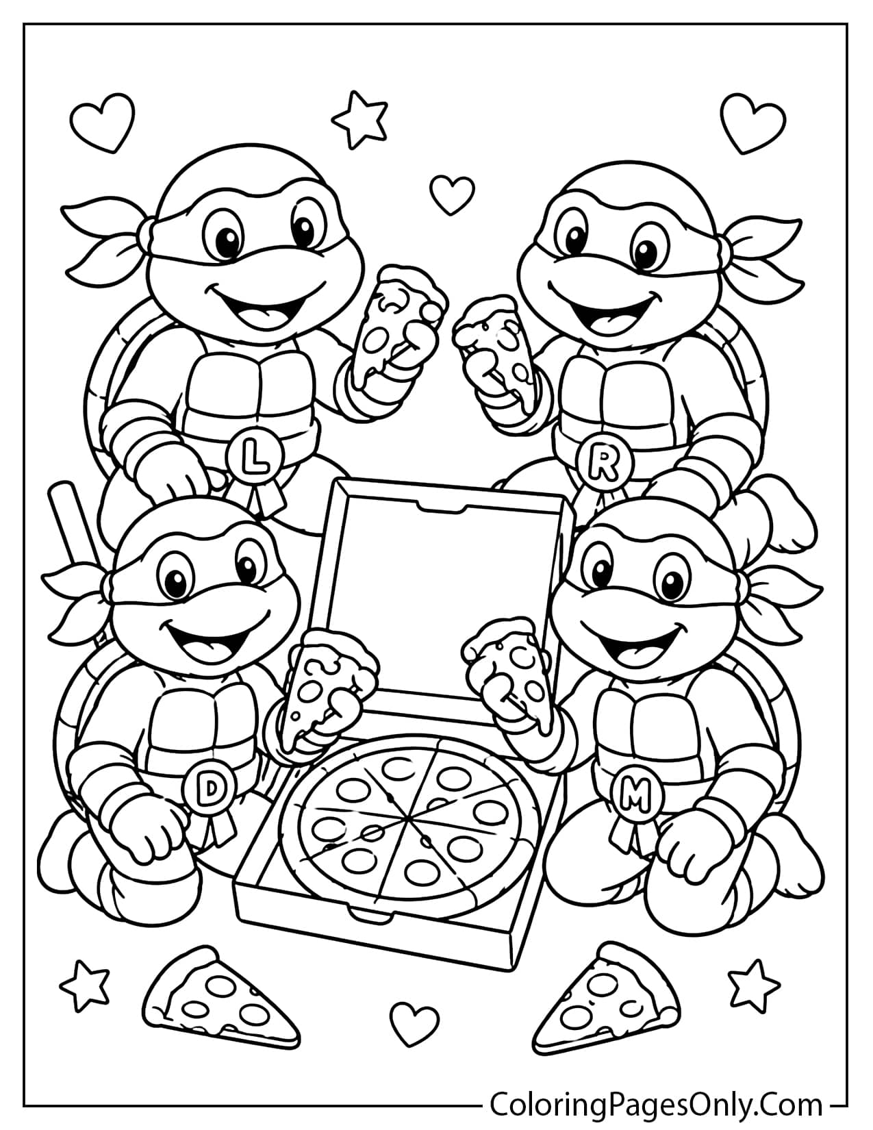 Ninja Turtles pizza party coloring page with Leonardo, Raphael, Donatello, and Michelangelo eating pizza from Ninja Turtles