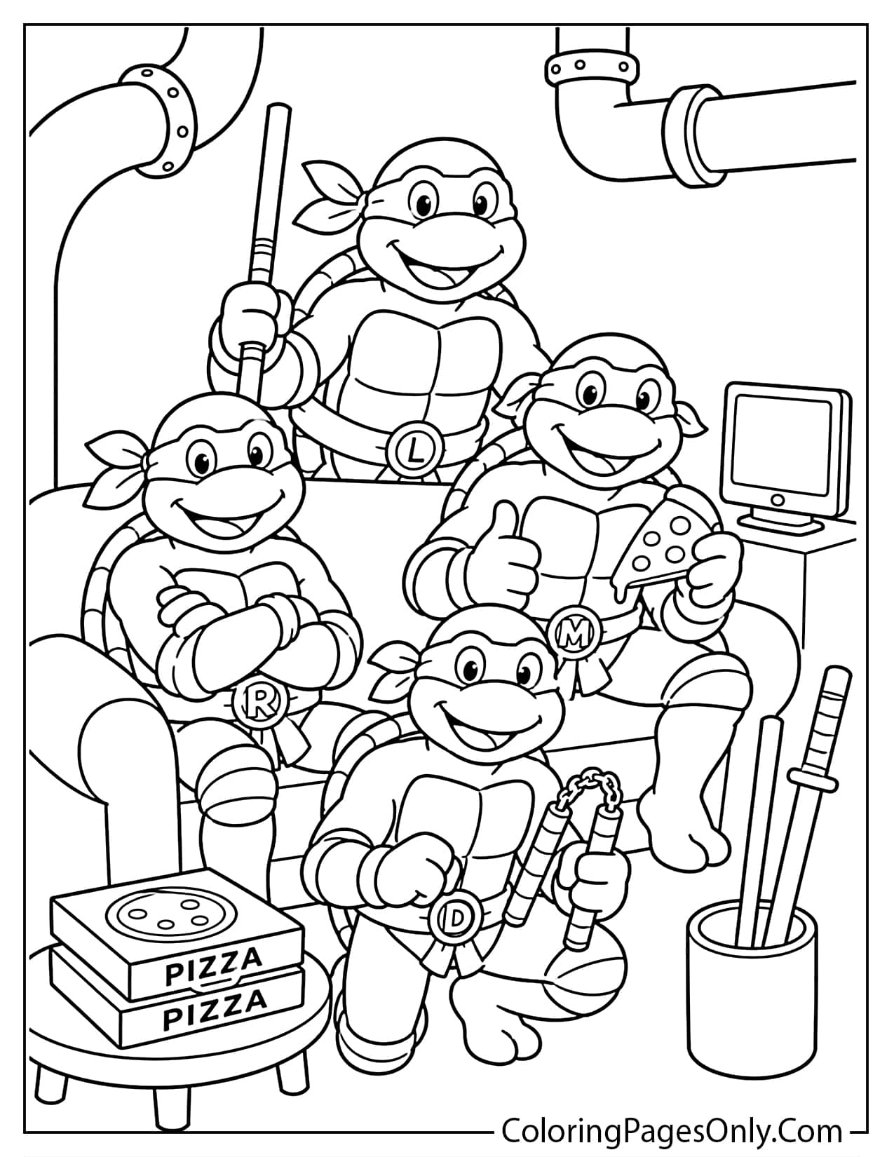 Ninja Turtles sewer lair coloring page with turtle heroes, pizza boxes, pipes, and a simple hideout from Ninja Turtles