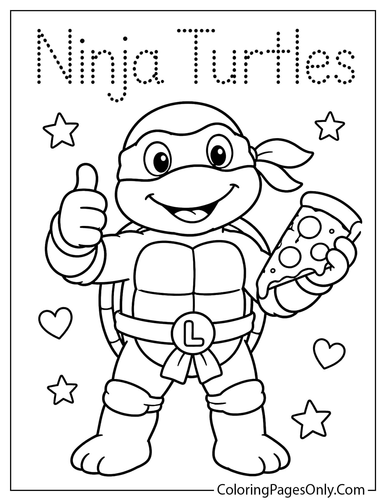 Ninja Turtles trace and color worksheet with simple letters and a turtle hero outline from Ninja Turtles