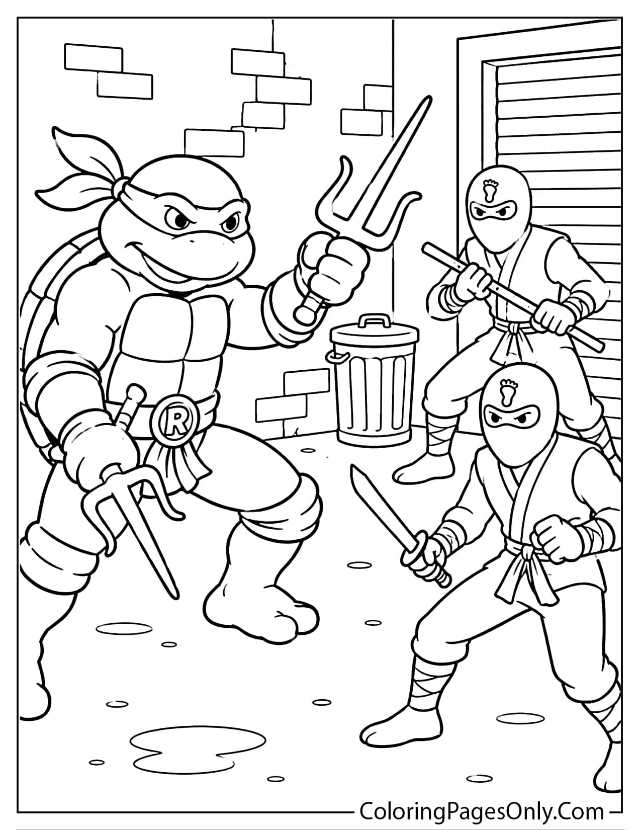 Ninja Turtles vs Foot Clan coloring page with Raphael fighting two Foot Clan ninjas from Ninja Turtles