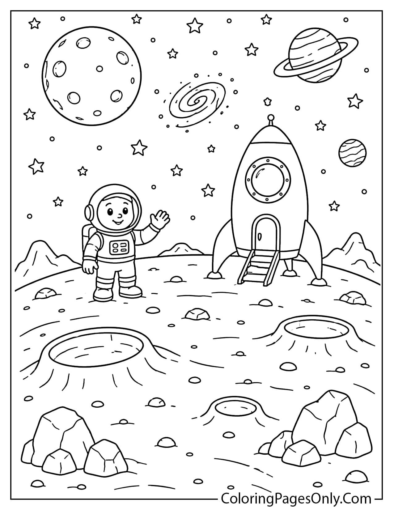 Planet Exploration Scene Coloring Page For Kids from Planet
