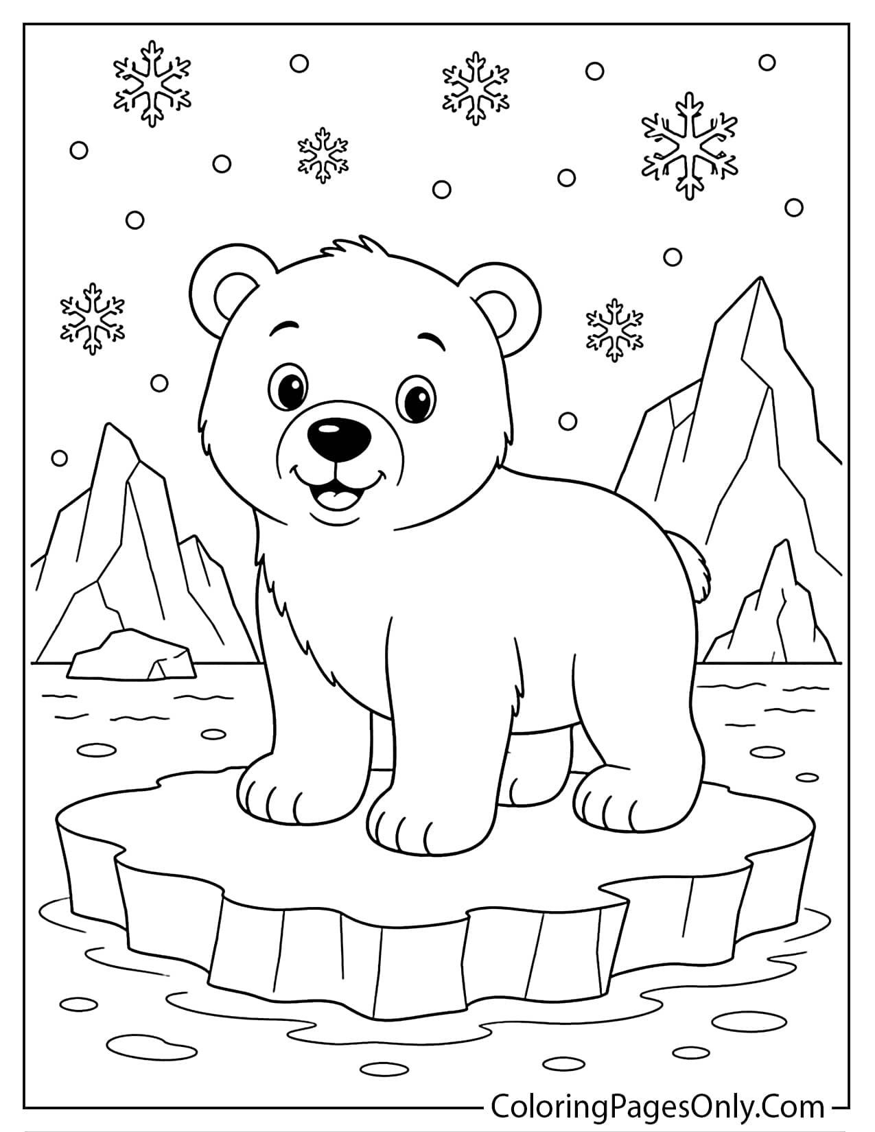 Polar Bear Standing On Snowy Ice With Mountains And Falling Snow Coloring Page For Kids from Winter