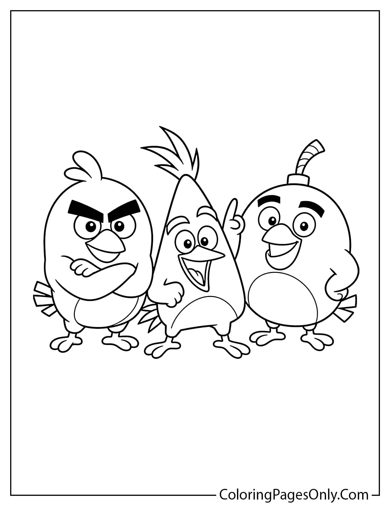 Red Chuck and Bomb Angry Birds coloring page with three main characters from Angry Birds