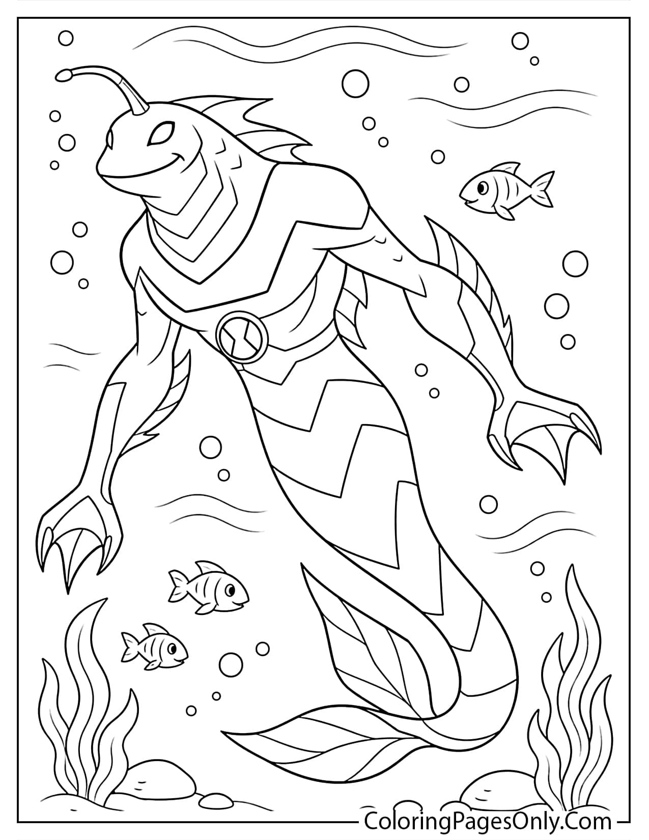 Ripjaws Ben 10 coloring page with underwater waves, bubbles, and aquatic alien details from Ben 10