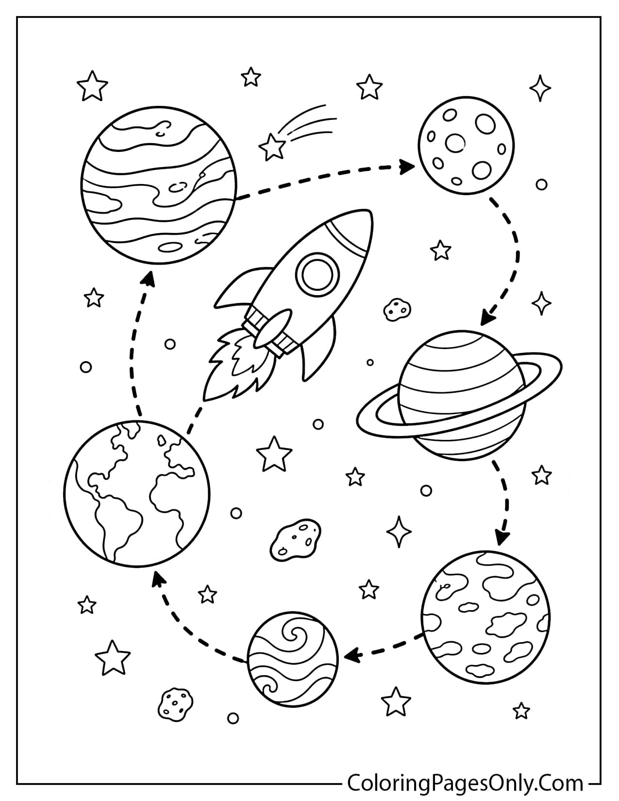Rocket Visiting Planets Coloring Page For Kids from Planet