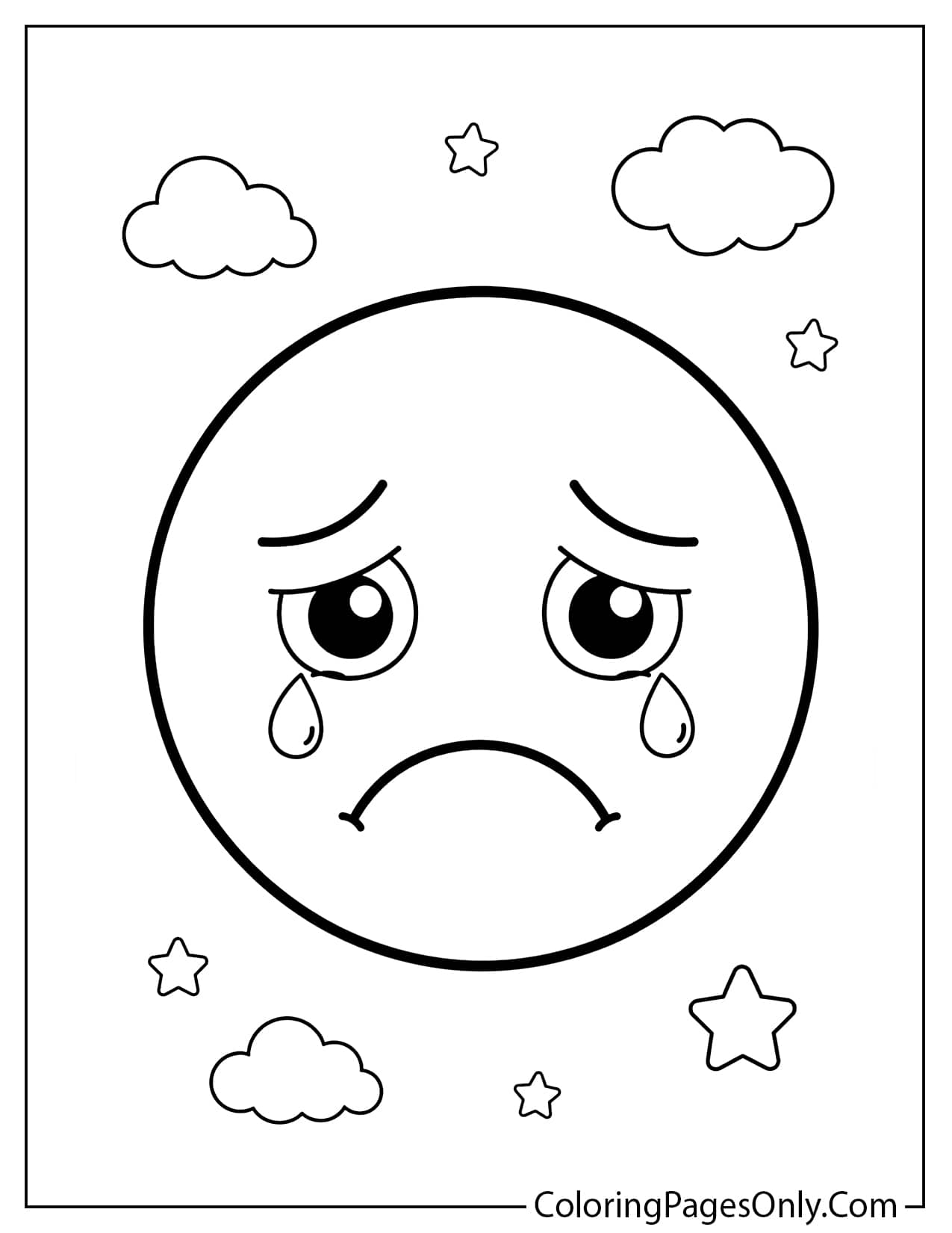 Sad emoji coloring page with a frowning face and teary eyes from Emoji