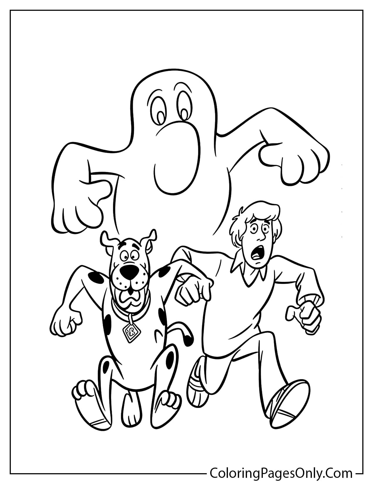 Scared Scooby-Doo and Shaggy running away from a spooky shadow coloring page from Scooby Doo