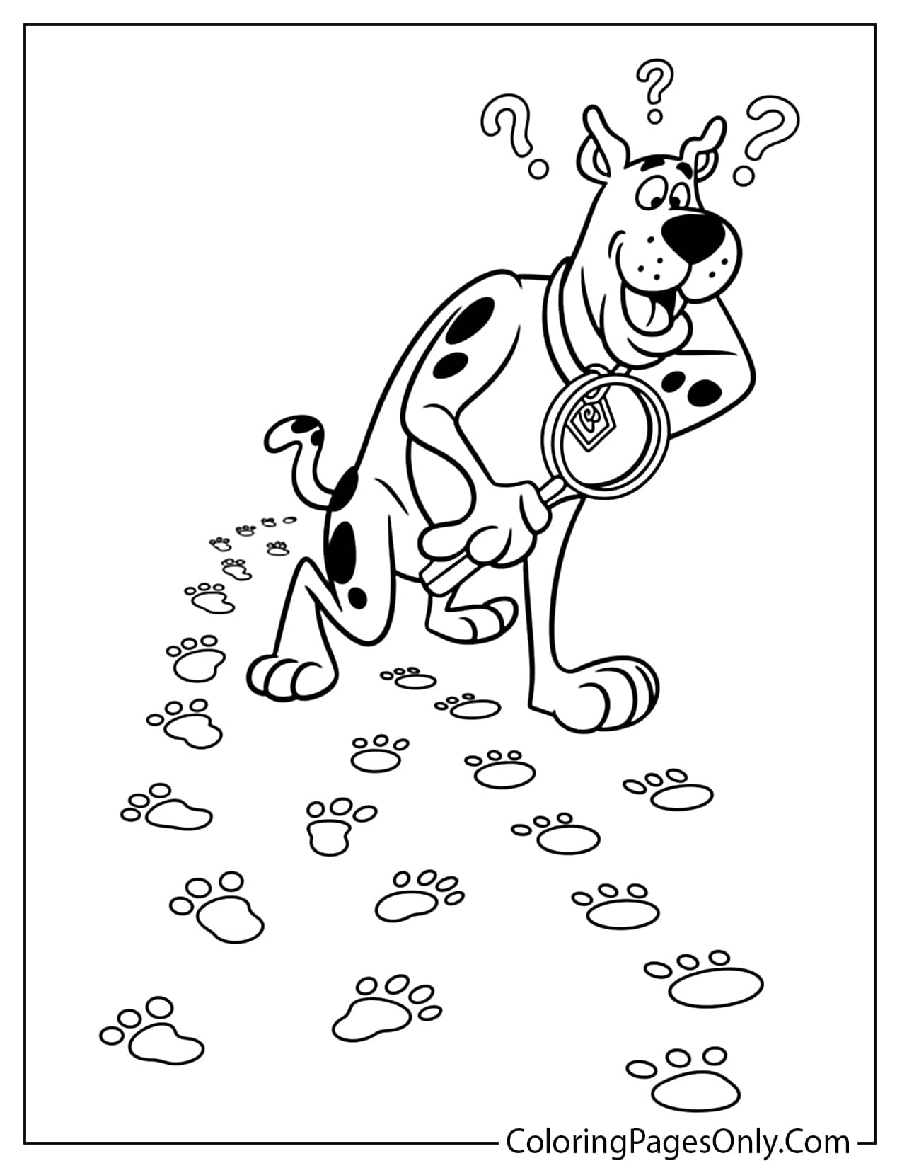 Scooby-Doo following mystery footprints with a magnifying glass coloring page from Scooby Doo