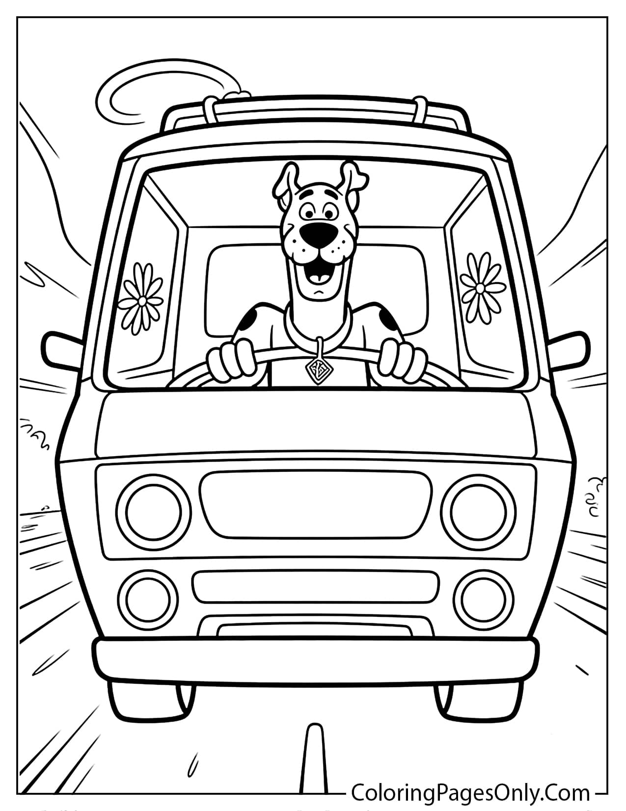 Scooby-Doo driving the Mystery Machine van on a mystery adventure coloring page from Scooby Doo