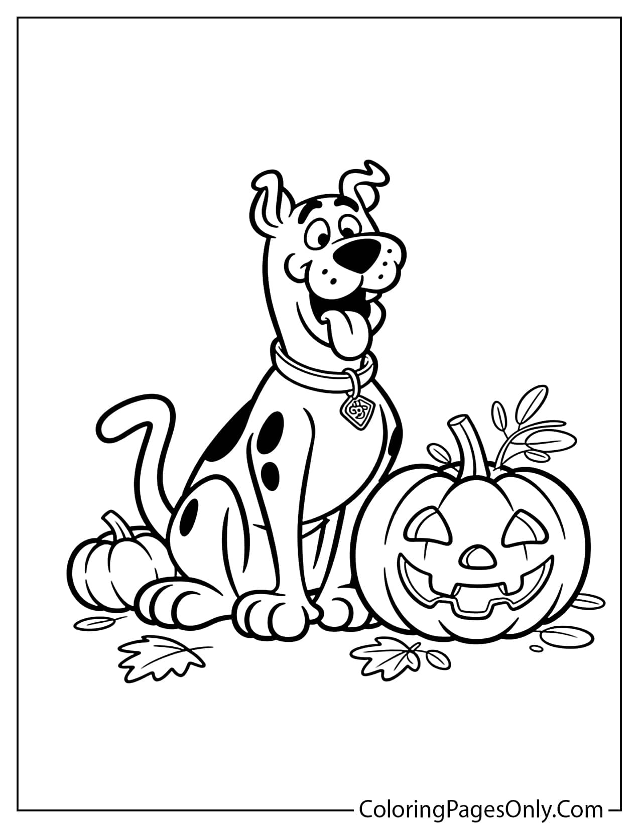 Scooby-Doo sitting beside Halloween pumpkins coloring page for kids from Scooby Doo