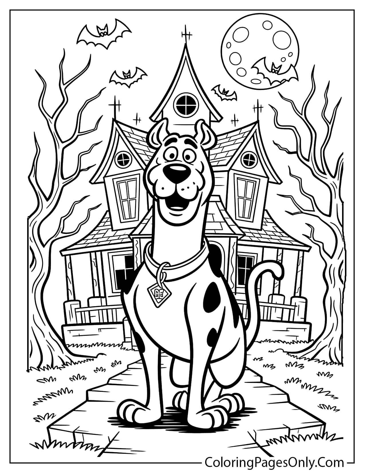 Scooby-Doo standing in front of a haunted house coloring page for kids from Scooby Doo