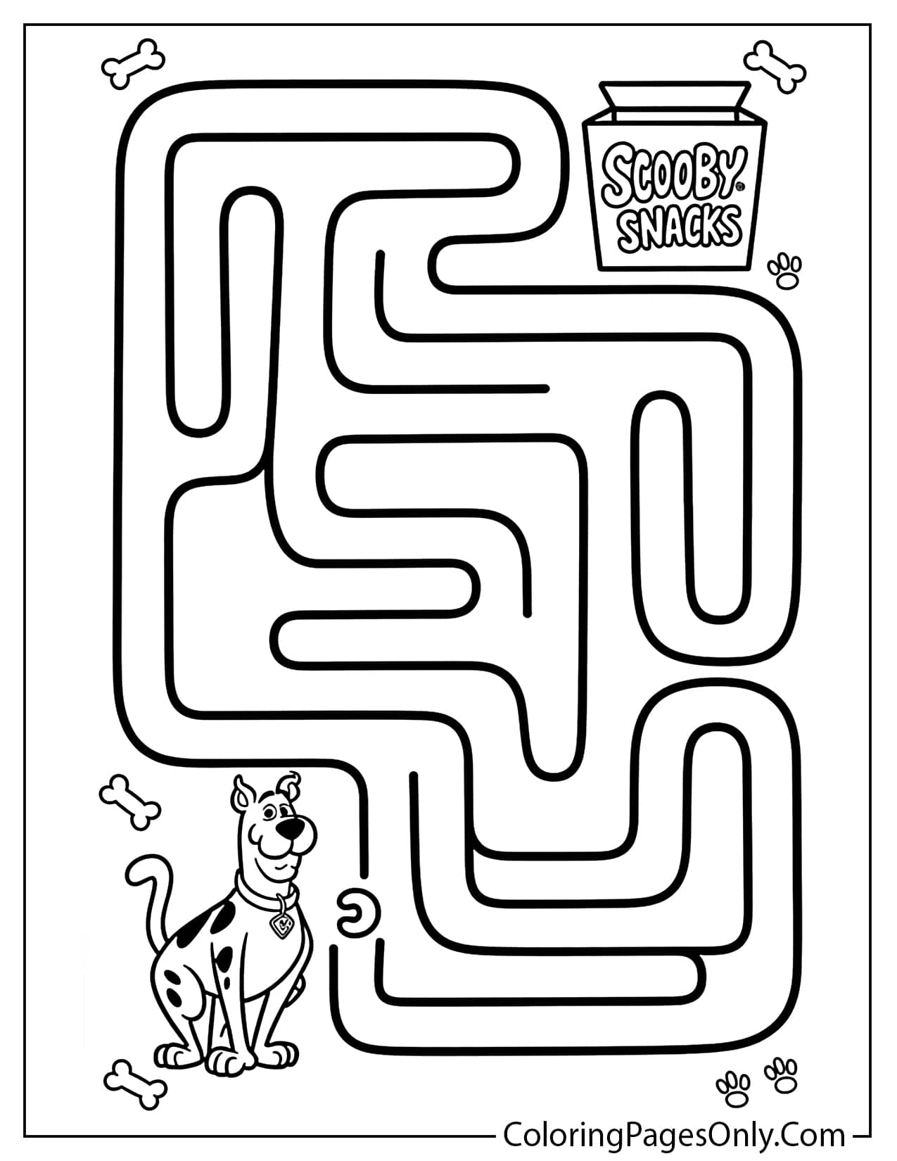 Scooby-Doo maze coloring page with a path leading to Scooby Snacks from Scooby Doo