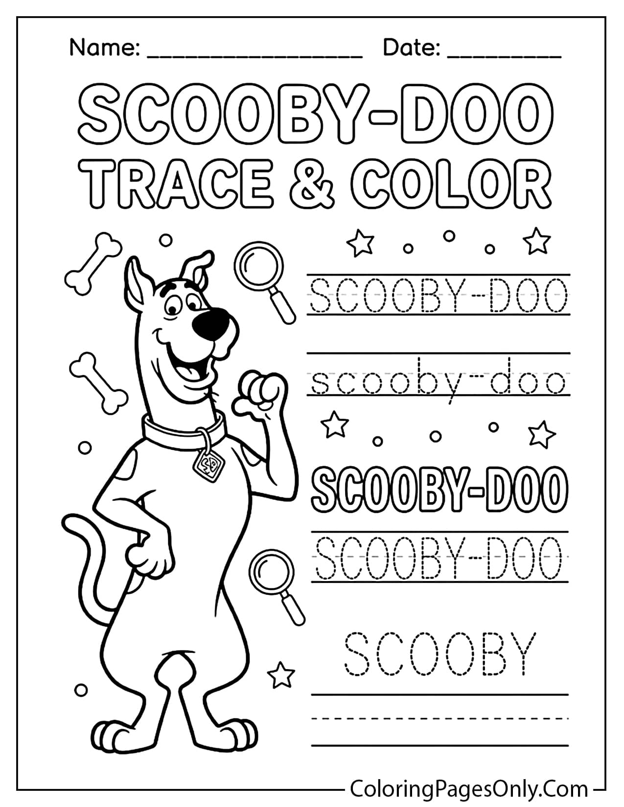 Scooby-Doo trace and color worksheet with simple letters for kids from Scooby Doo