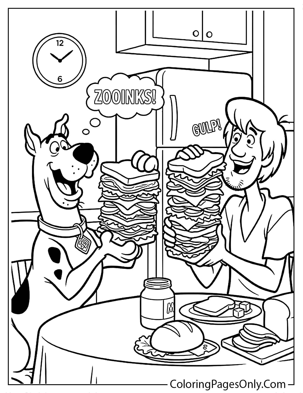 Scooby-Doo and Shaggy eating giant sandwiches together coloring page from Scooby Doo