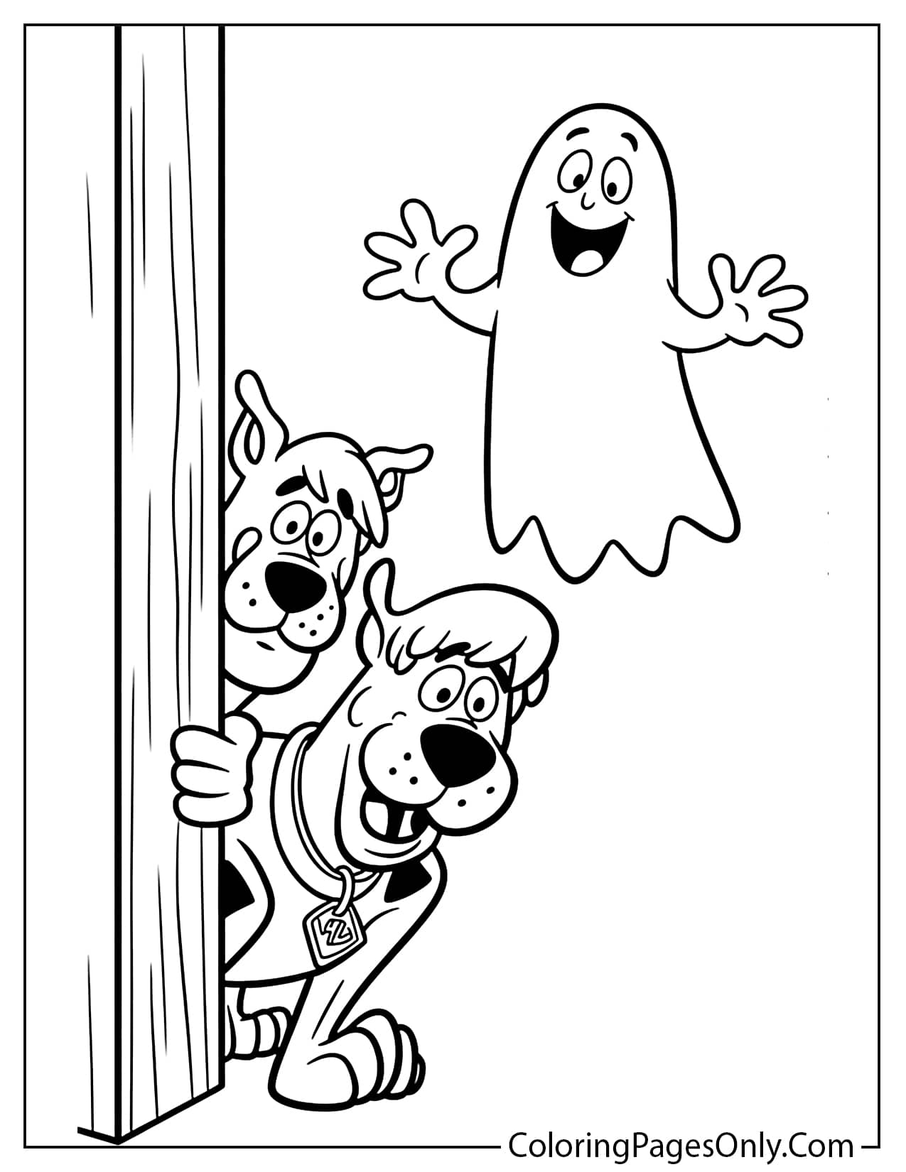 Scooby-Doo and Shaggy hiding from a friendly ghost coloring page for kids from Scooby Doo