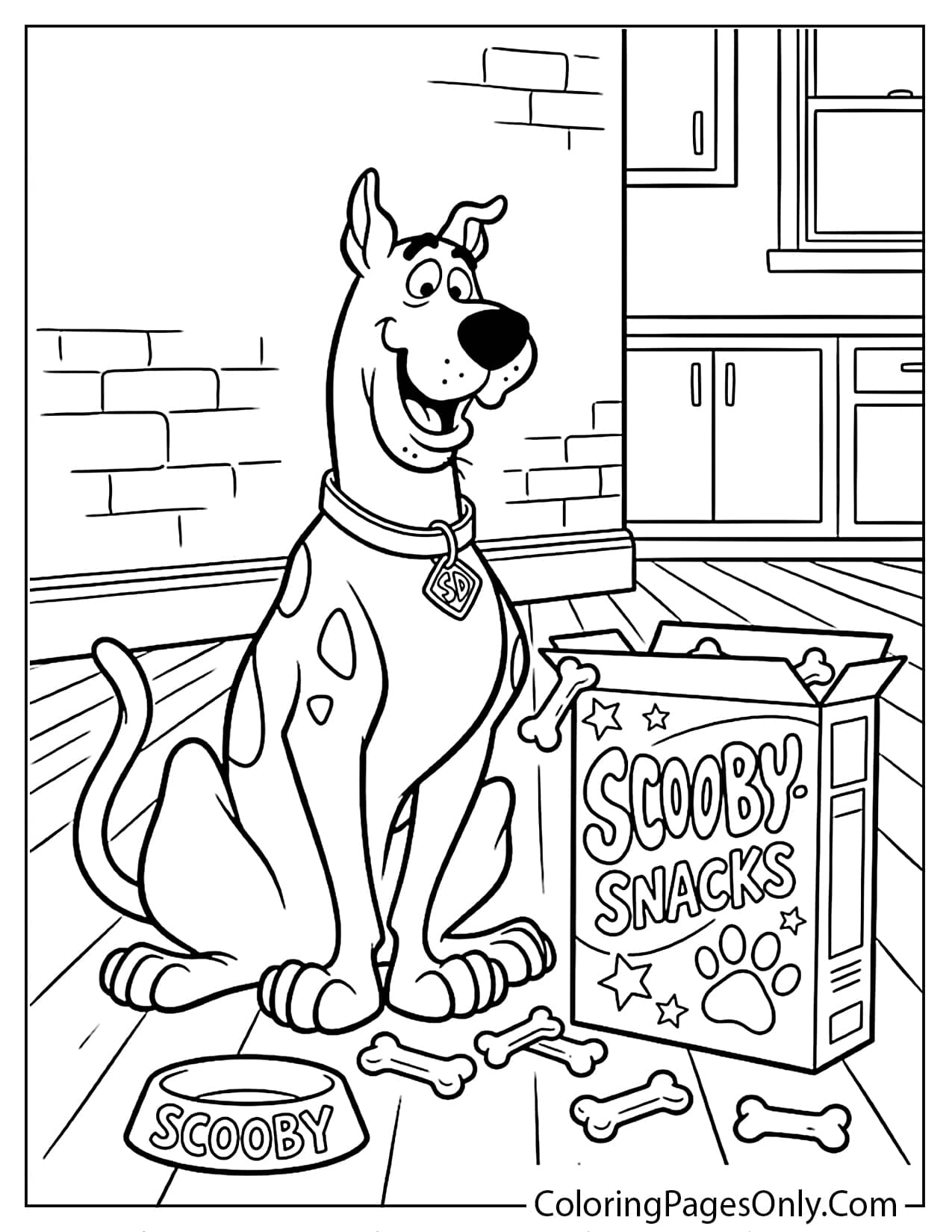 Kawaii Scooby-Doo with big eyes and Scooby Snacks coloring page from Scooby Doo