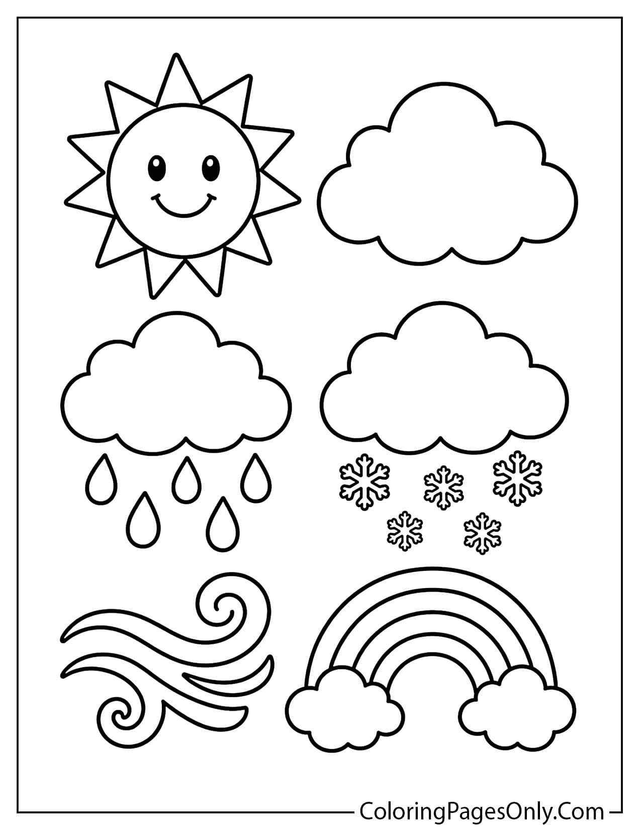 Simple Weather Symbols Coloring Page With Sun Cloud Rain Snow And Wind from Weather