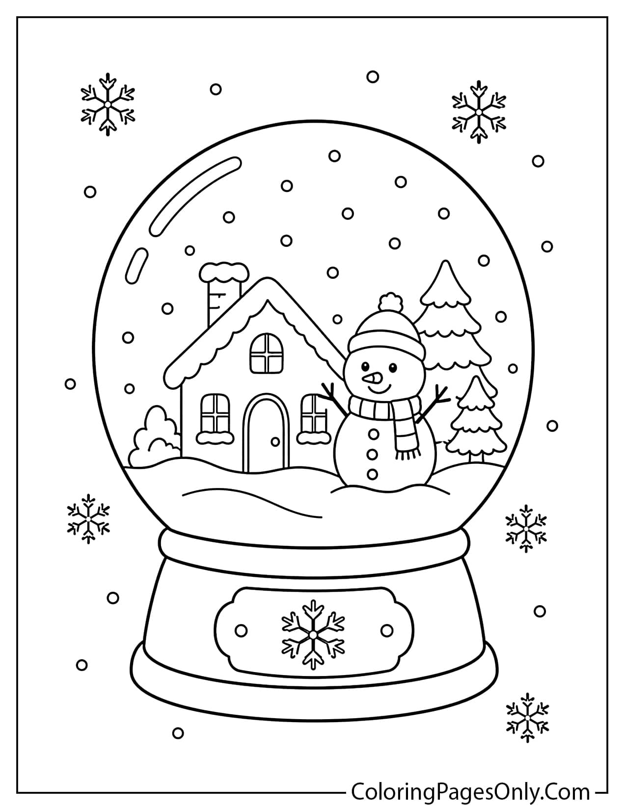 Snow Globe With A Snowman, Small House, Pine Trees, And Falling Snow Coloring Page For Kids from Winter