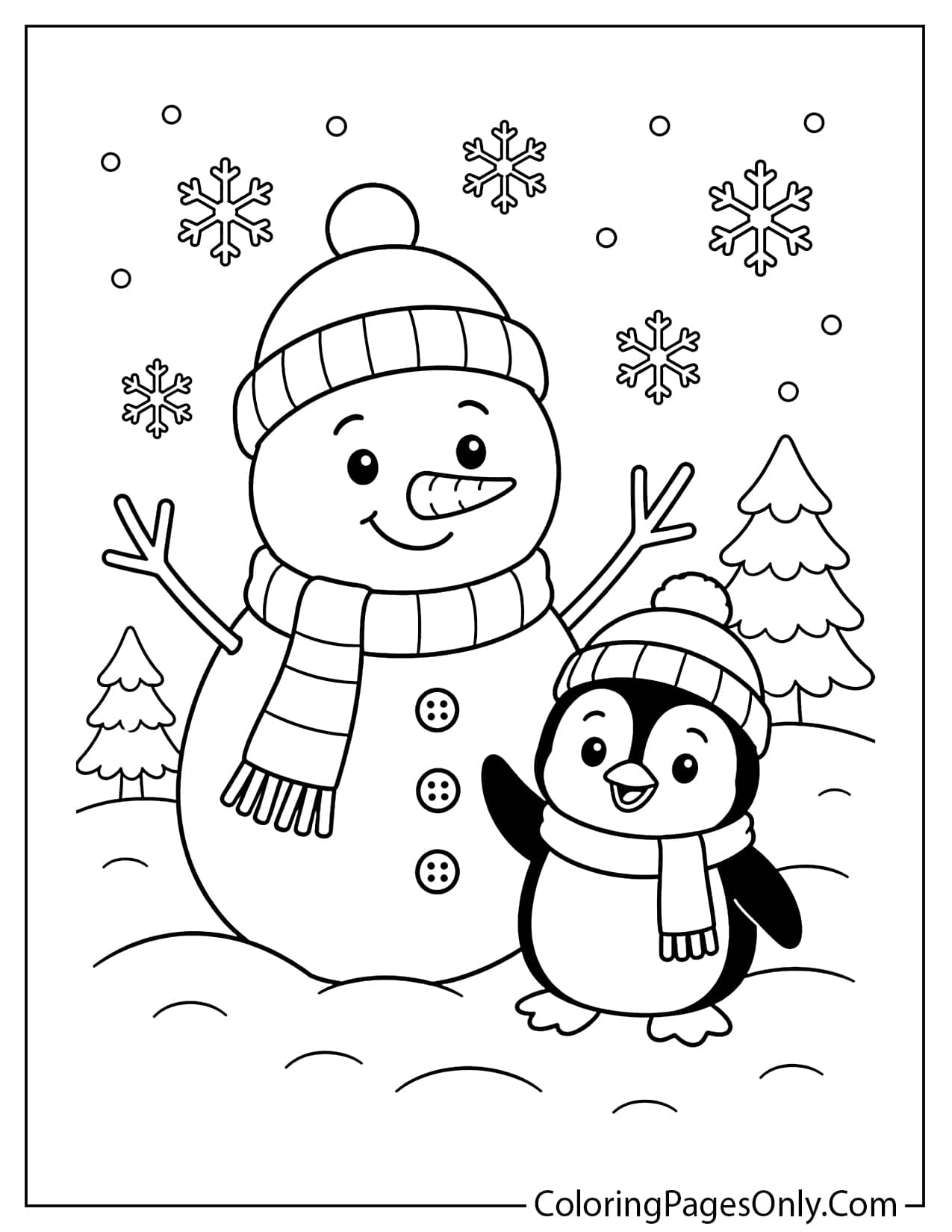 Snowman And Penguin Coloring Page With A Cute Penguin In Winter from Snowman