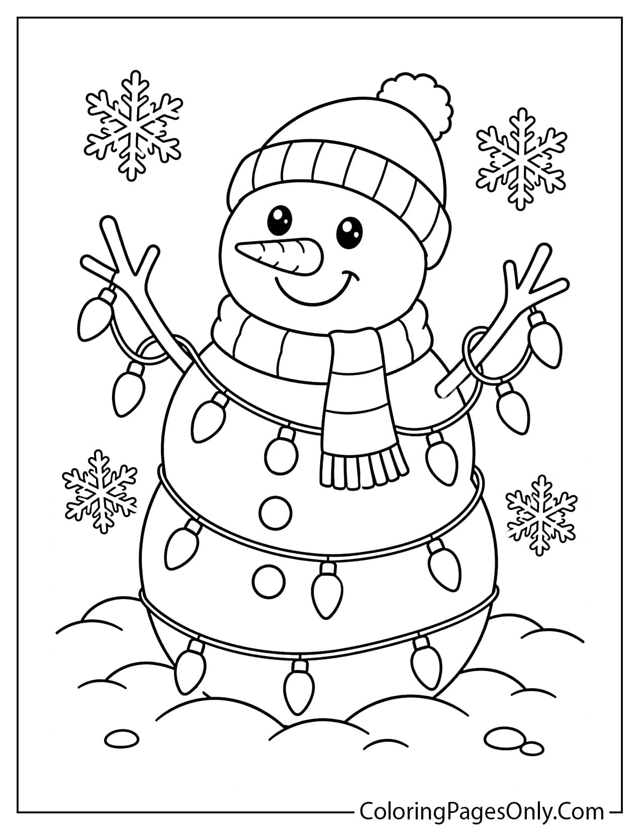 Snowman With Christmas Lights Coloring Page With Holiday Lights And Snowflakes from Snowman