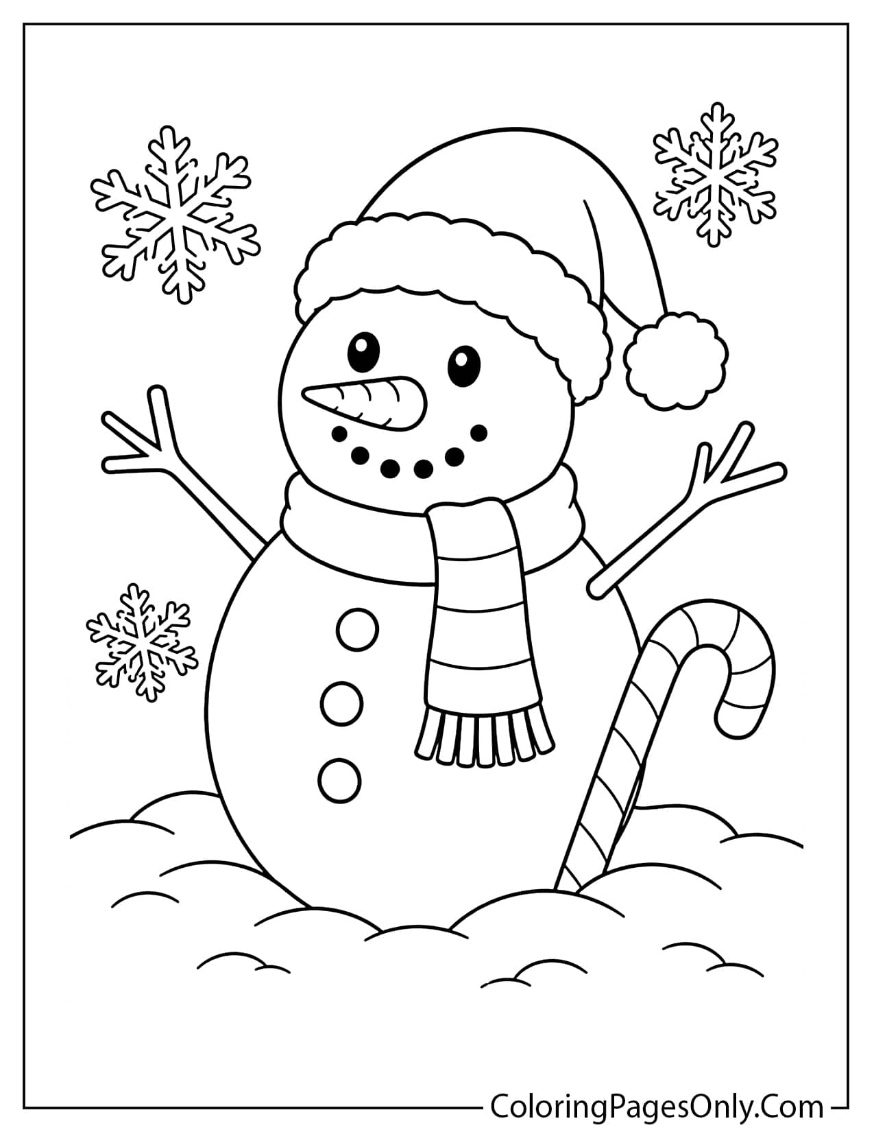 Snowman With Santa Hat Coloring Page With A Santa Hat, Candy Cane, And Snowflakes from Snowman