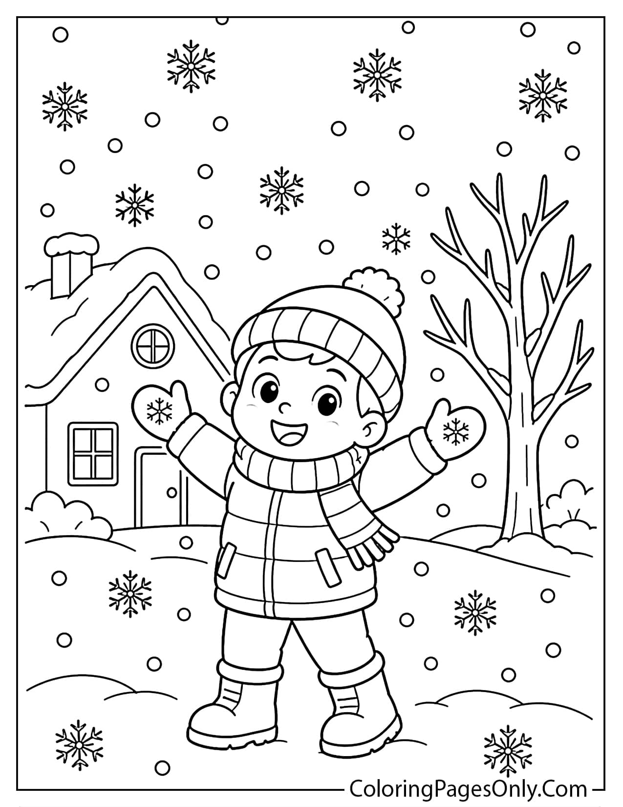 Snowy Day Coloring Page With Falling Snow And Winter Clothes from Weather
