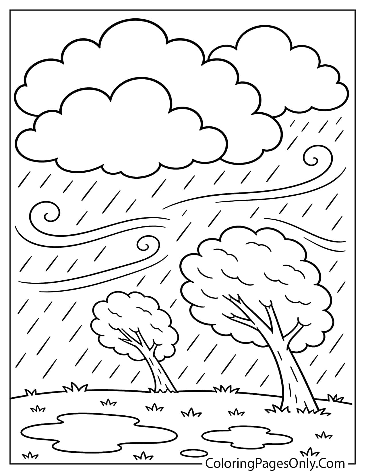 Stormy Weather Coloring Page With Dark Clouds And Strong Wind from Weather