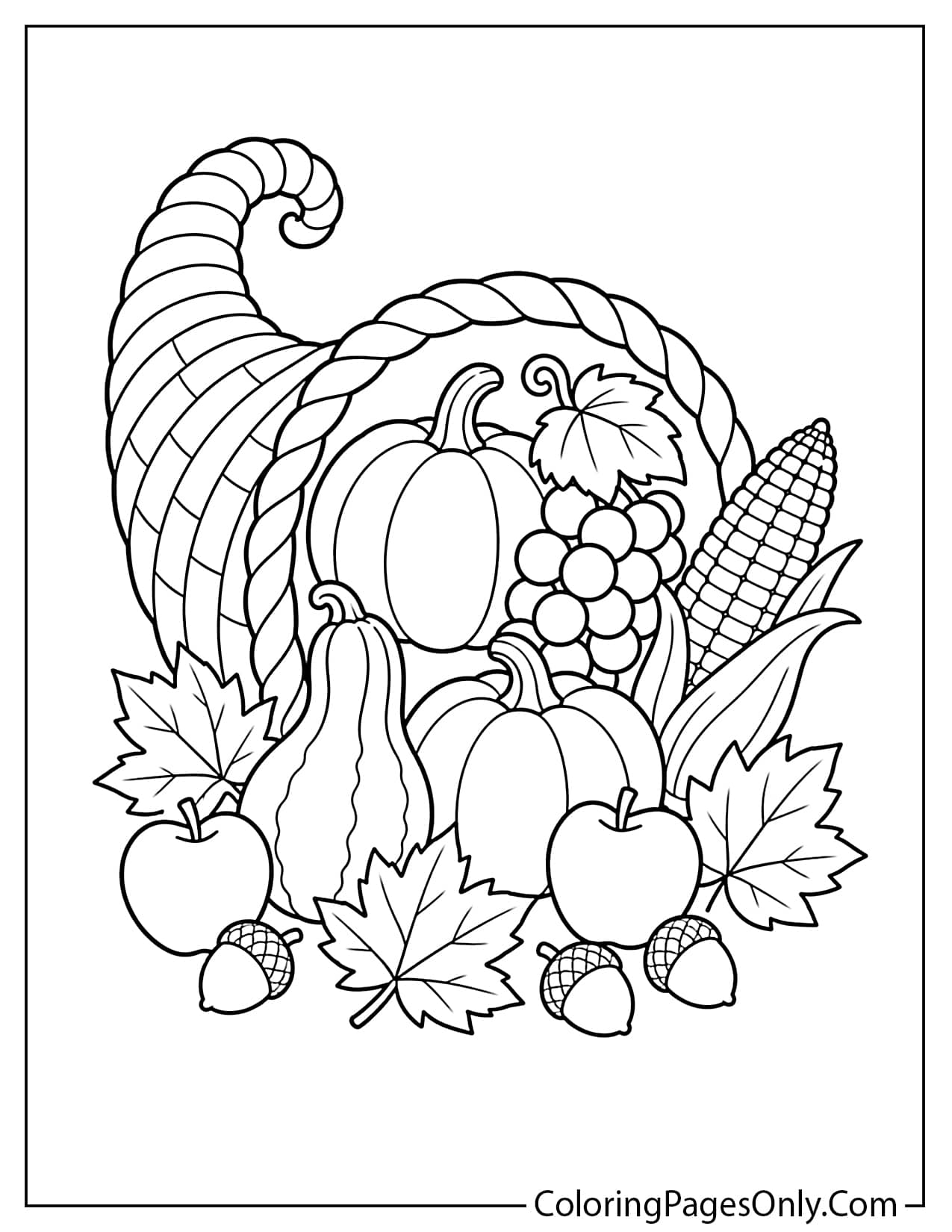 Thanksgiving cornucopia horn of plenty overflowing with pumpkins grapes apples and autumn harvest coloring page from Thanksgiving