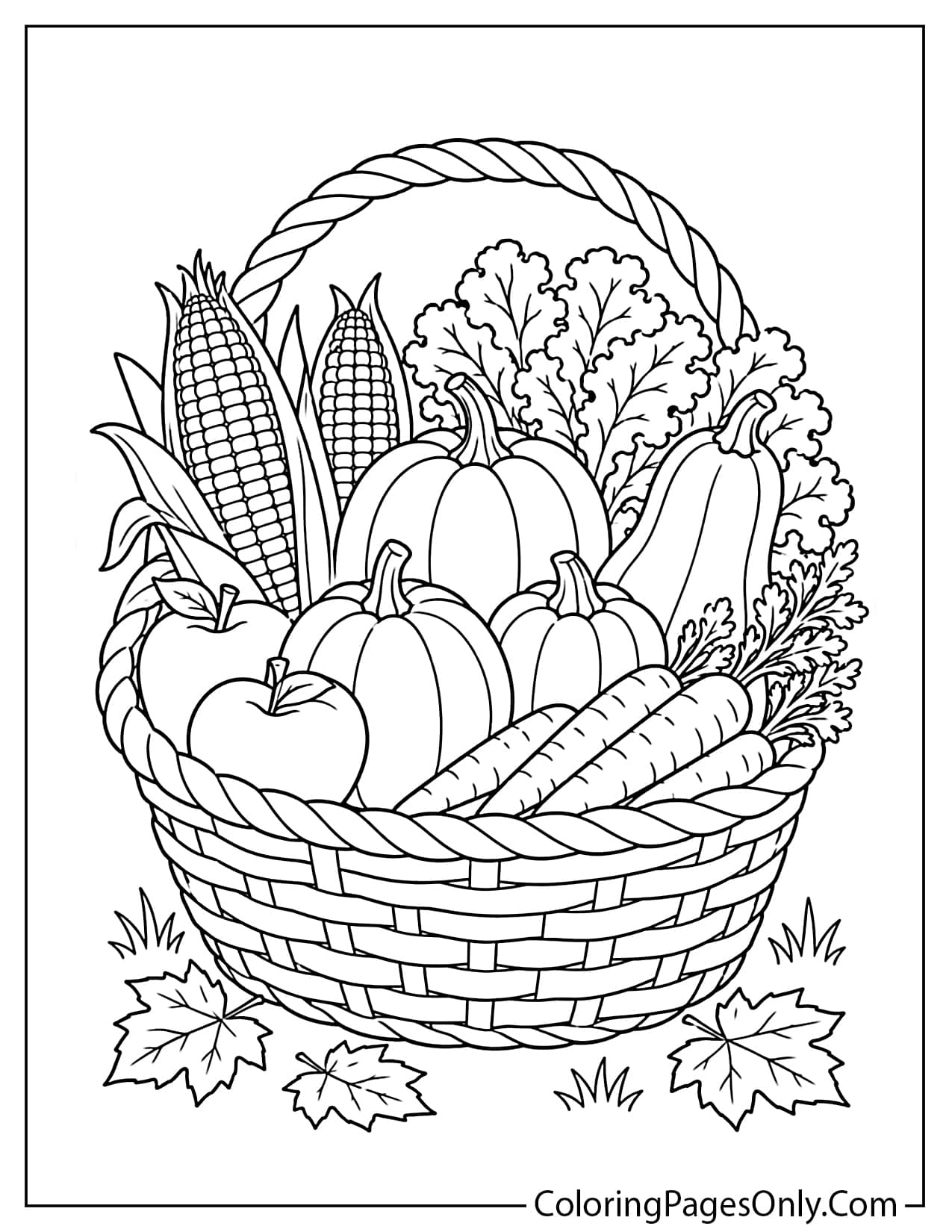 Thanksgiving harvest basket full of vegetables pumpkins corn squash and autumn produce coloring page from Thanksgiving