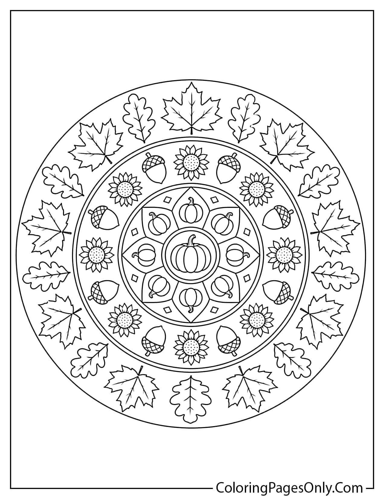 Thanksgiving harvest mandala with pumpkins leaves acorns and fall patterns adult coloring page from Thanksgiving