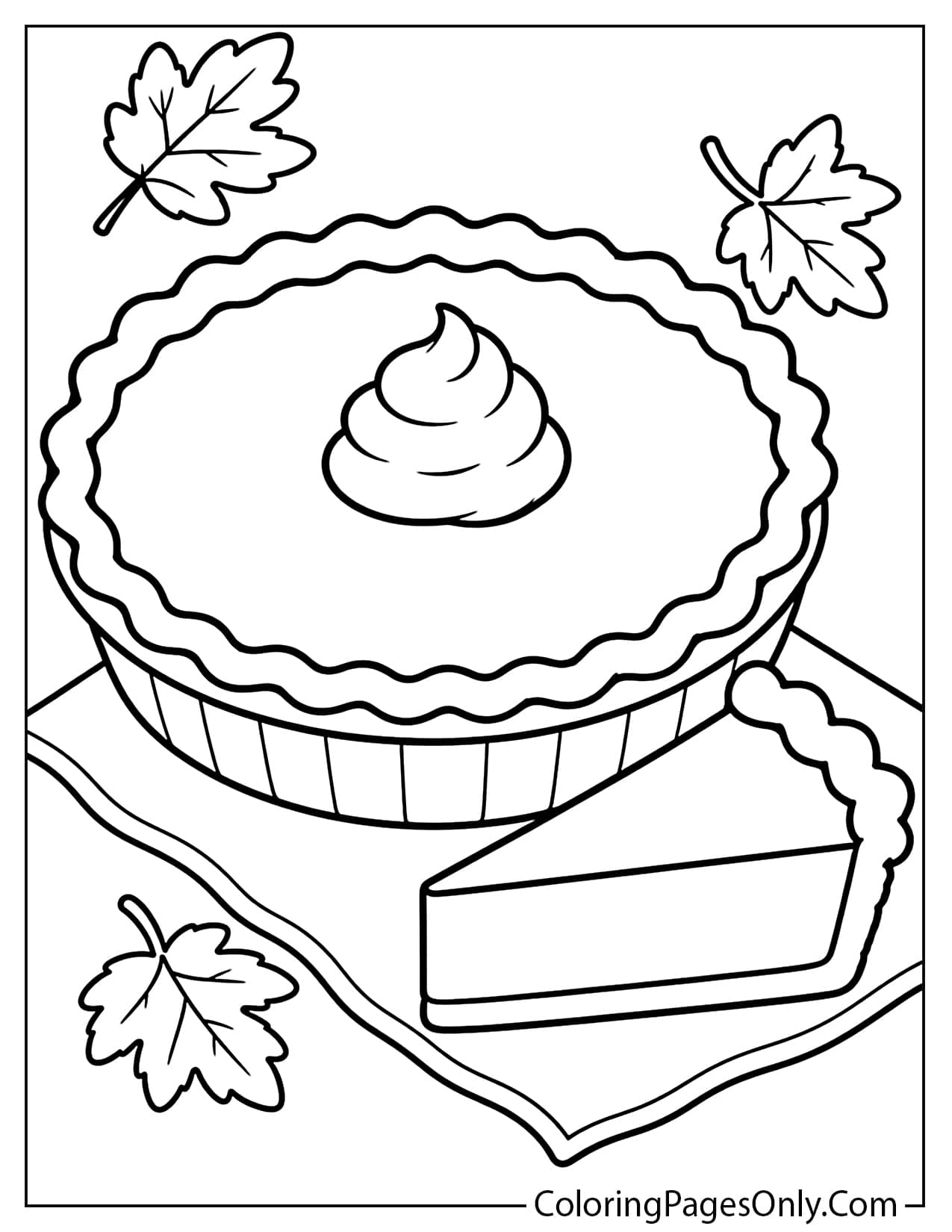 Thanksgiving pumpkin pie with whipped cream slice on plate fall harvest coloring page from Thanksgiving
