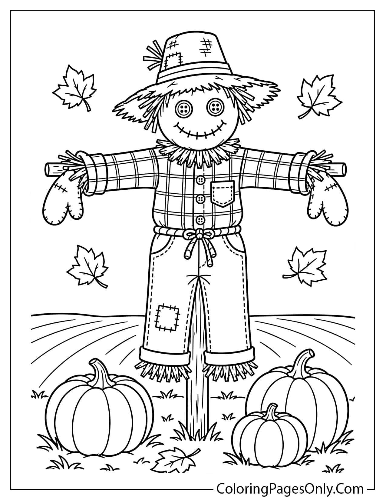 Thanksgiving scarecrow in pumpkin field with straw hat flannel shirt and autumn leaves coloring page from Thanksgiving
