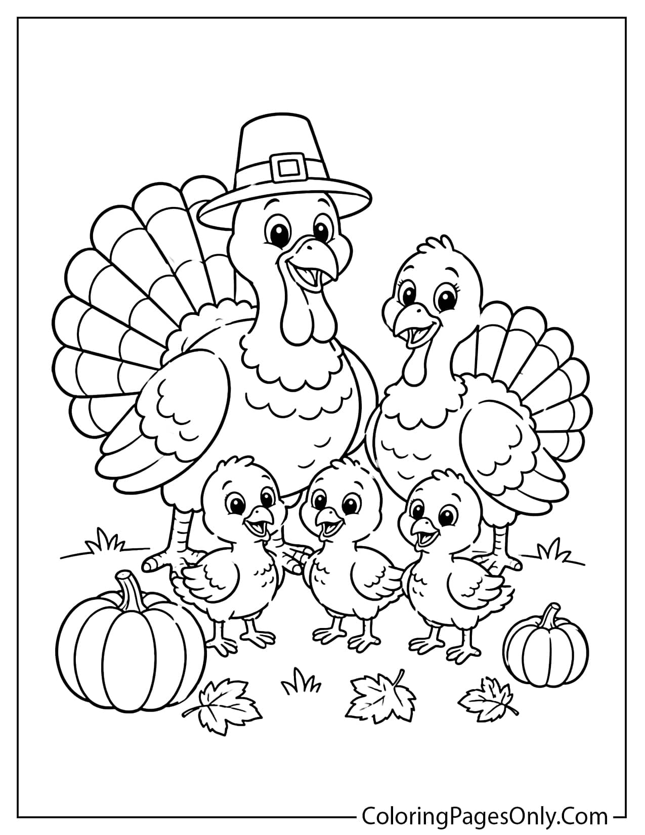 Thanksgiving turkey family mom dad and baby turkeys together fall harvest coloring page from Thanksgiving