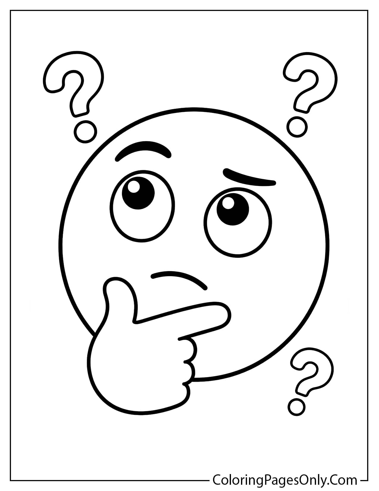 Thinking emoji coloring page with hand on chin and raised eyebrow from Emoji