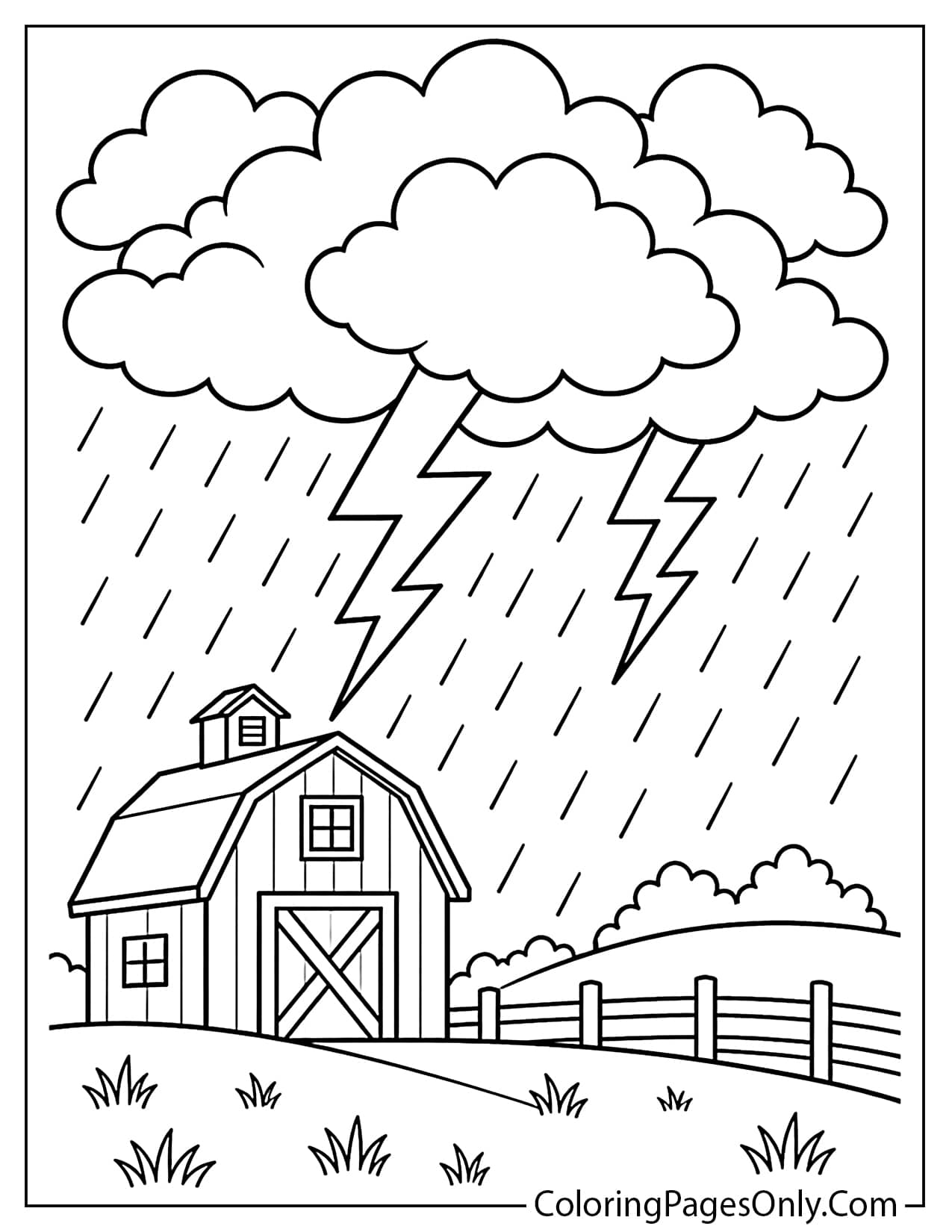 Thunderstorm Coloring Page With Rain Clouds And Lightning from Weather