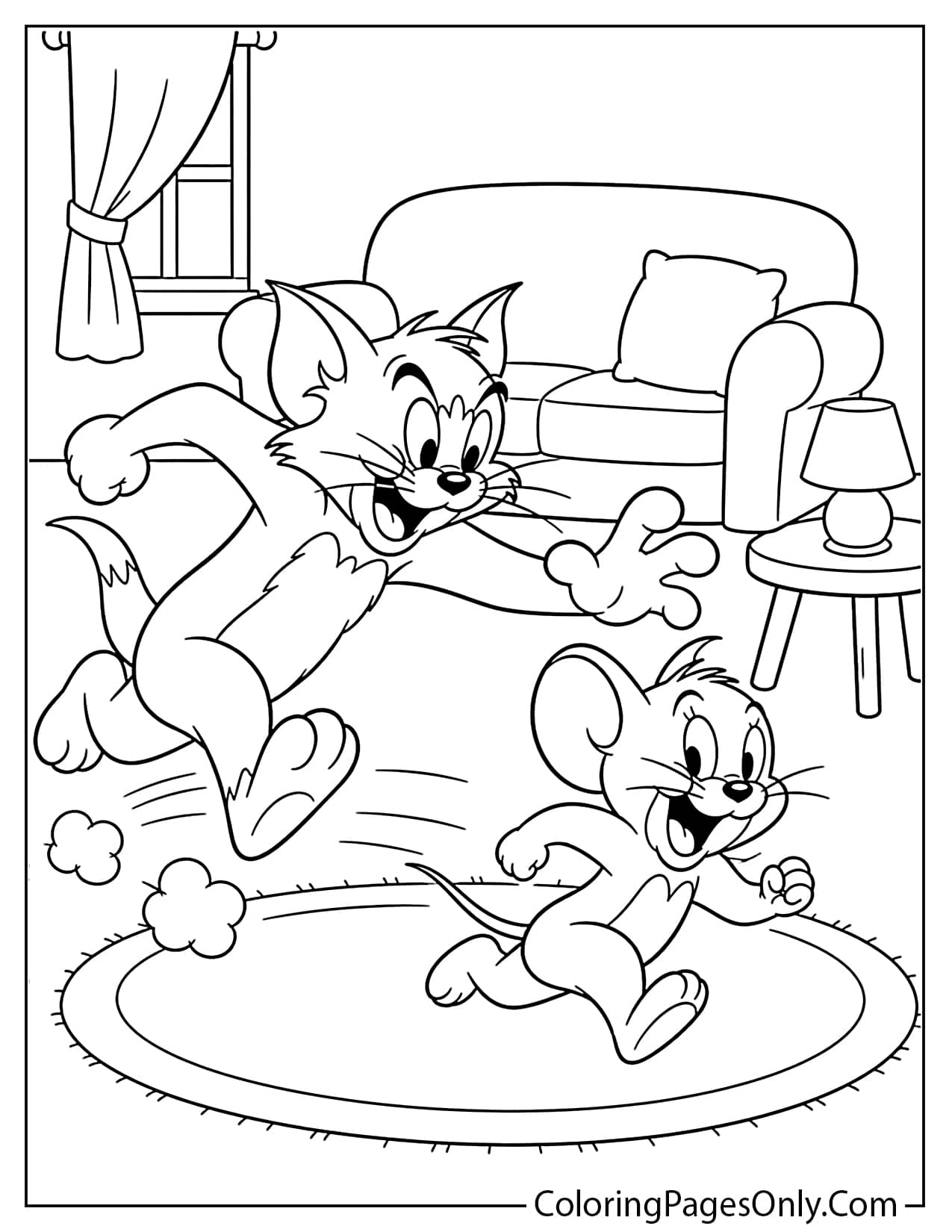 Tom chasing Jerry through the house coloring page with funny action scene from Tom And Jerry