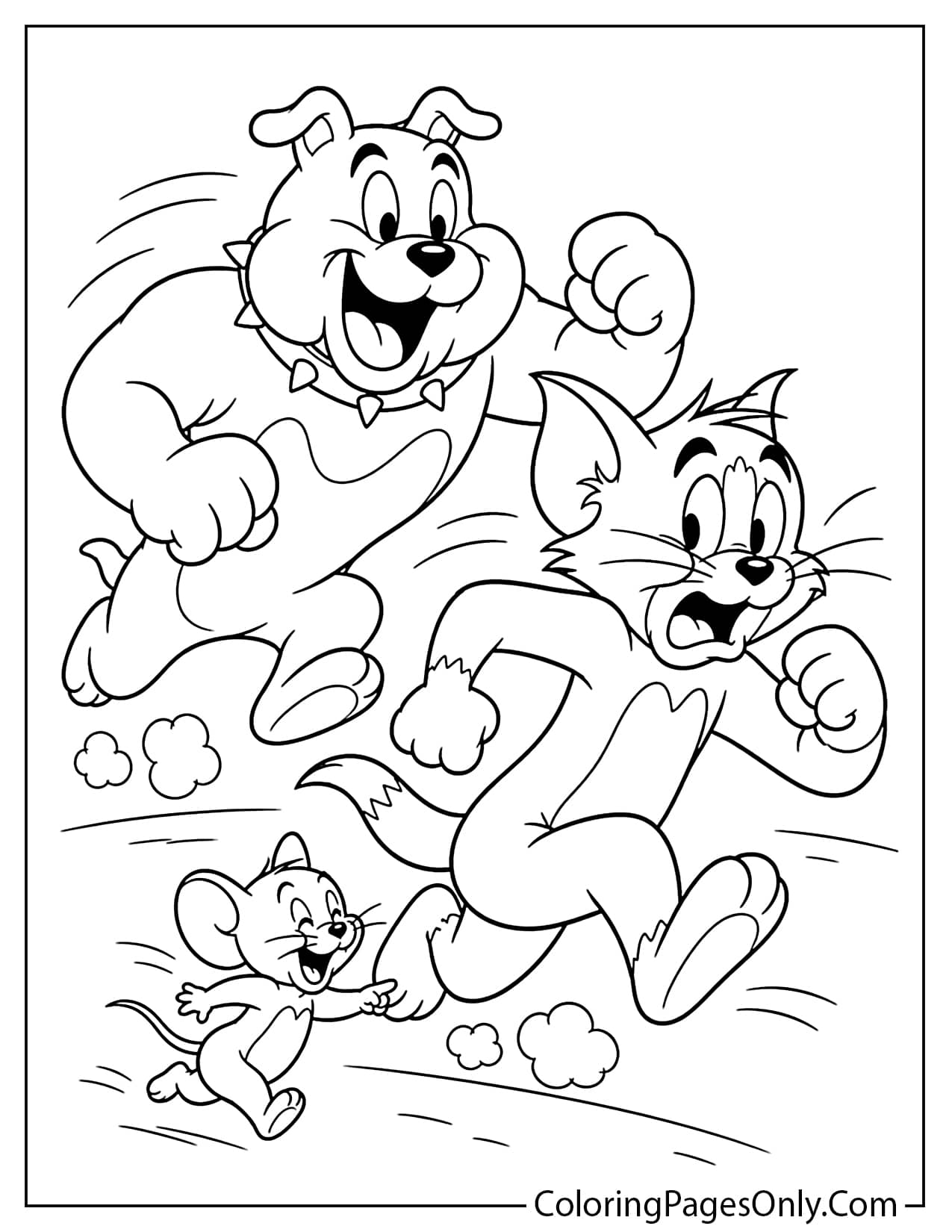 Tom Jerry and Spike chase coloring page with a funny cartoon action scene from Tom And Jerry