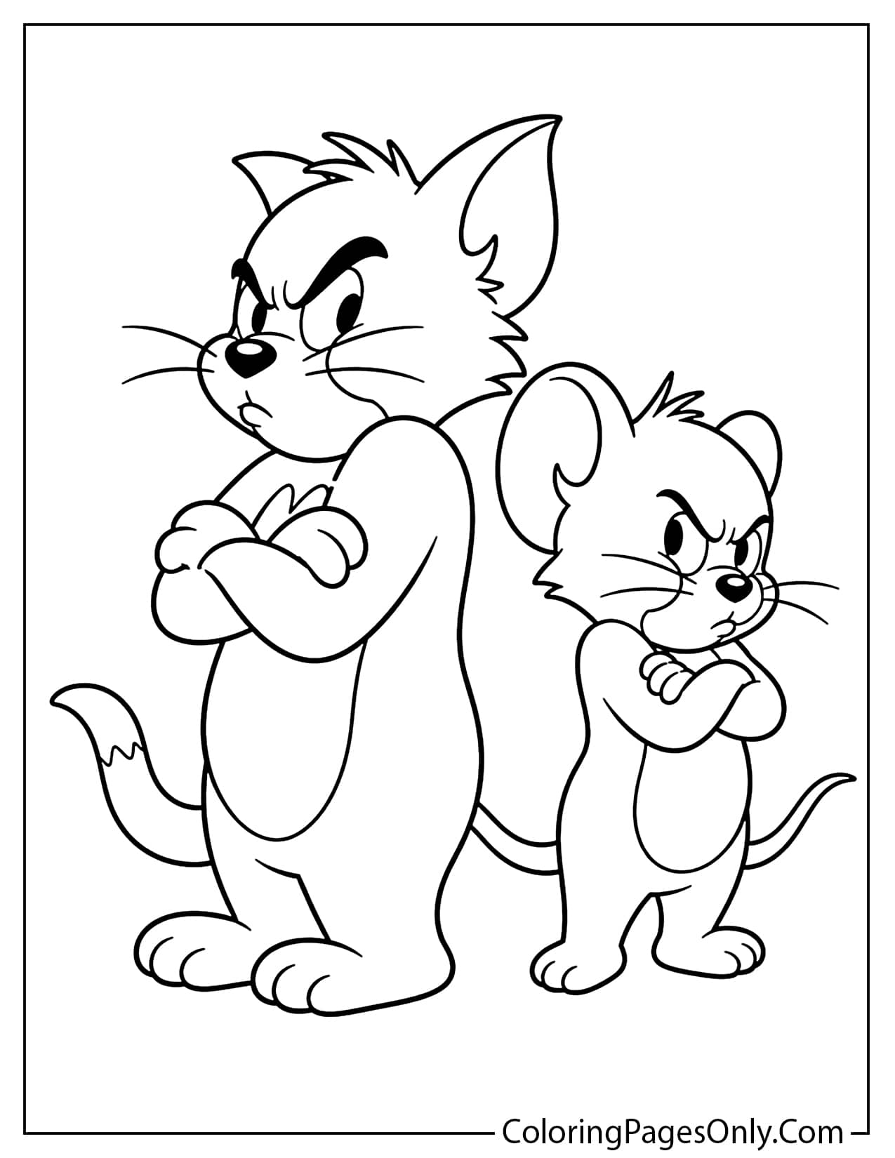 Tom and Jerry coloring page with Tom and Jerry standing back-to-back with crossed arms and grumpy expressions under a curved title text from Tom And Jerry