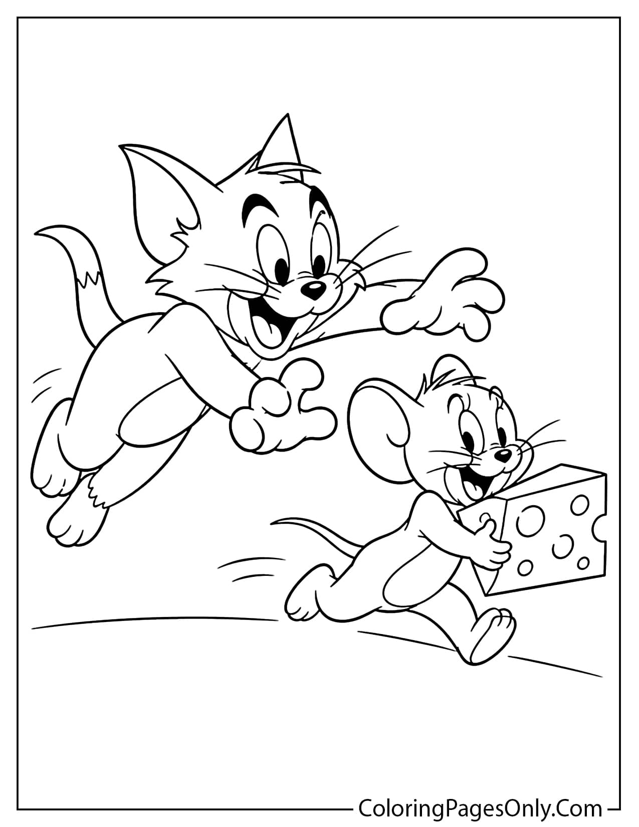 Tom and Jerry cheese chase coloring page with Jerry running away with cheese from Tom And Jerry