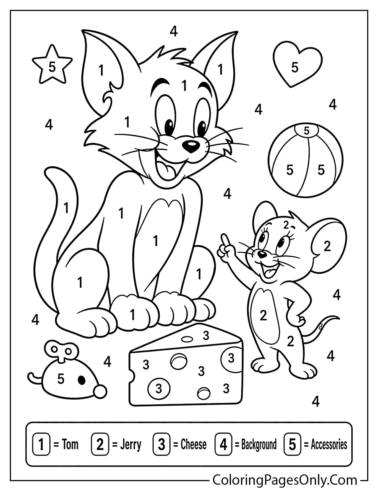 Tom and Jerry color by number coloring page with numbered areas for kids from Tom And Jerry
