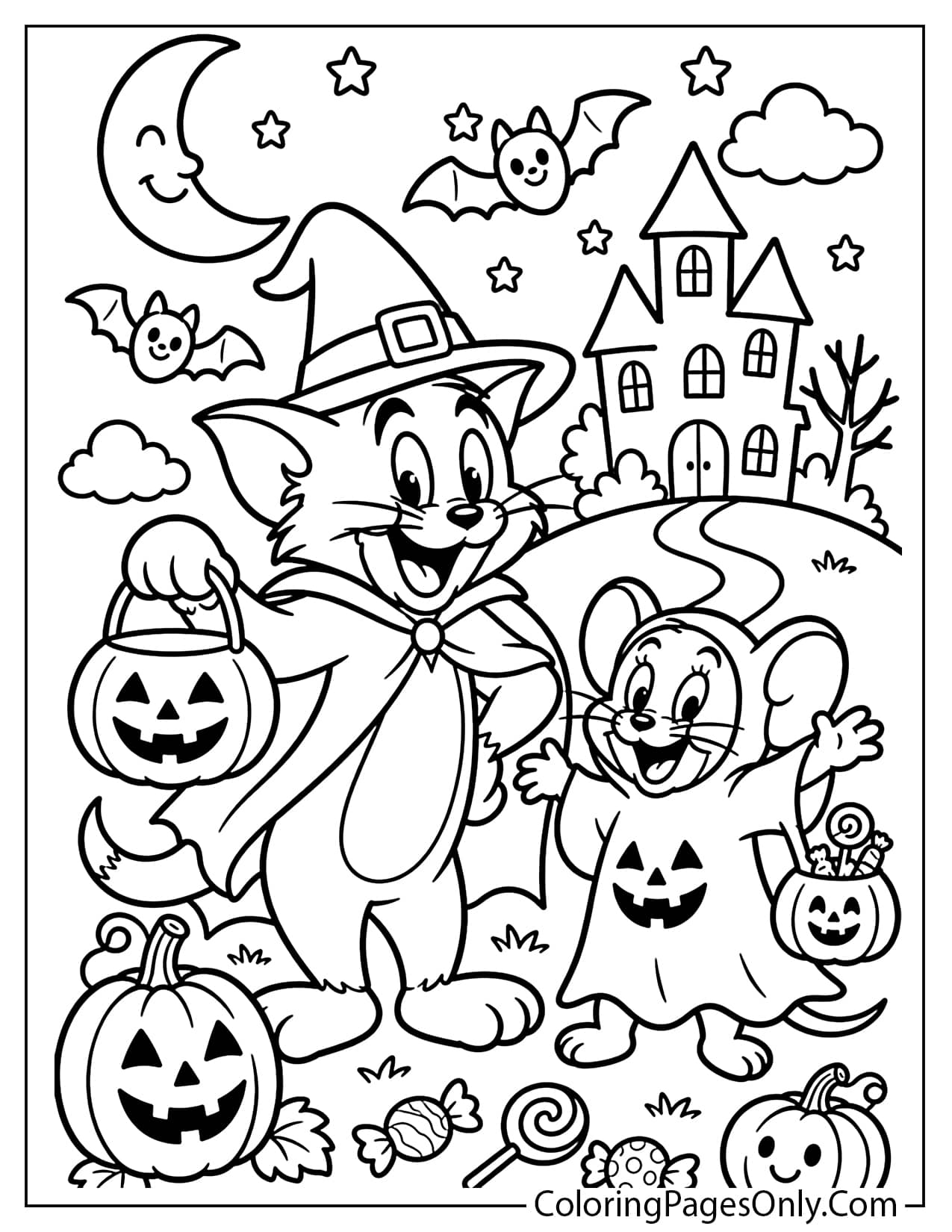 Tom and Jerry Halloween coloring page with pumpkins and friendly spooky details from Tom And Jerry