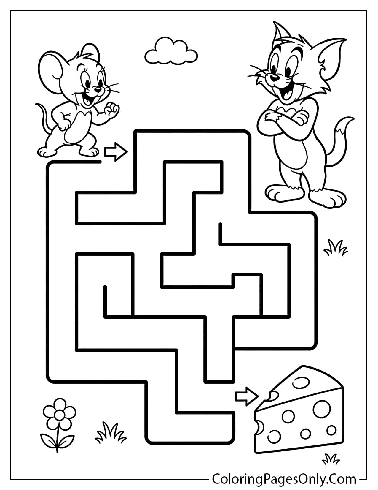 Tom and Jerry maze coloring page with Jerry finding cheese through a simple path from Tom And Jerry